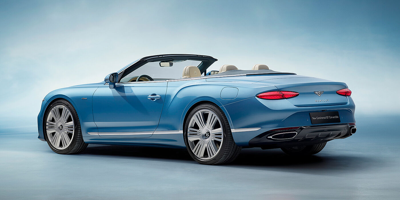Bentley Athens New Bentley Continental GTC Azure convertible rear view in Light Windsor blue paint with 22 inch ten spoke wheels and chrome exterior details