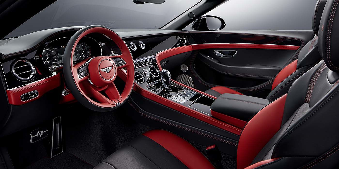 Bentley Athens Bentley Continental GTC S convertible front interior in Beluga black and Hotspur red hide with high gloss carbon fibre veneer