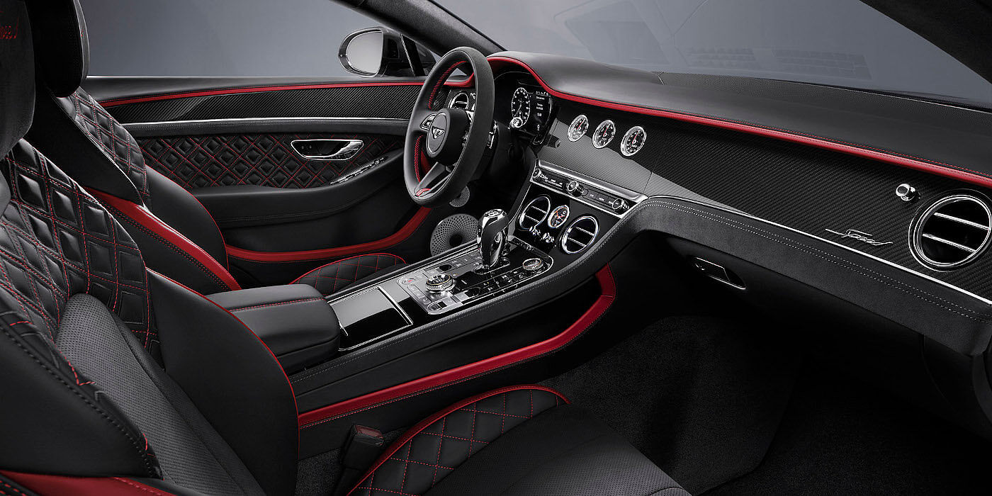 Bentley Athens Bentley Continental GT Speed coupe front interior in Beluga black and Hotspur red hide