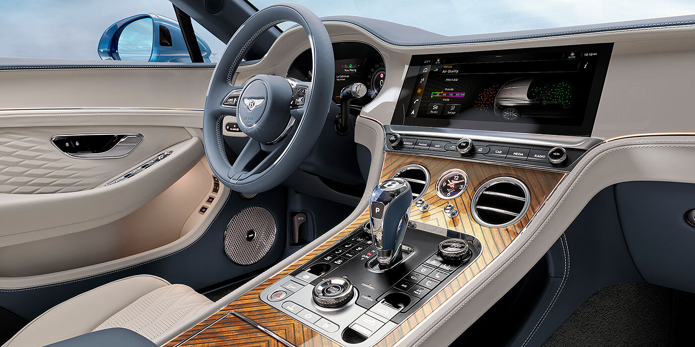 Bentley Athens New Bentley Continental GTC Azure convertible interior front cabin view with Linen and Brunel hides and Piano Linen by Mulliner veneer featuring centre console and centre MMI screen