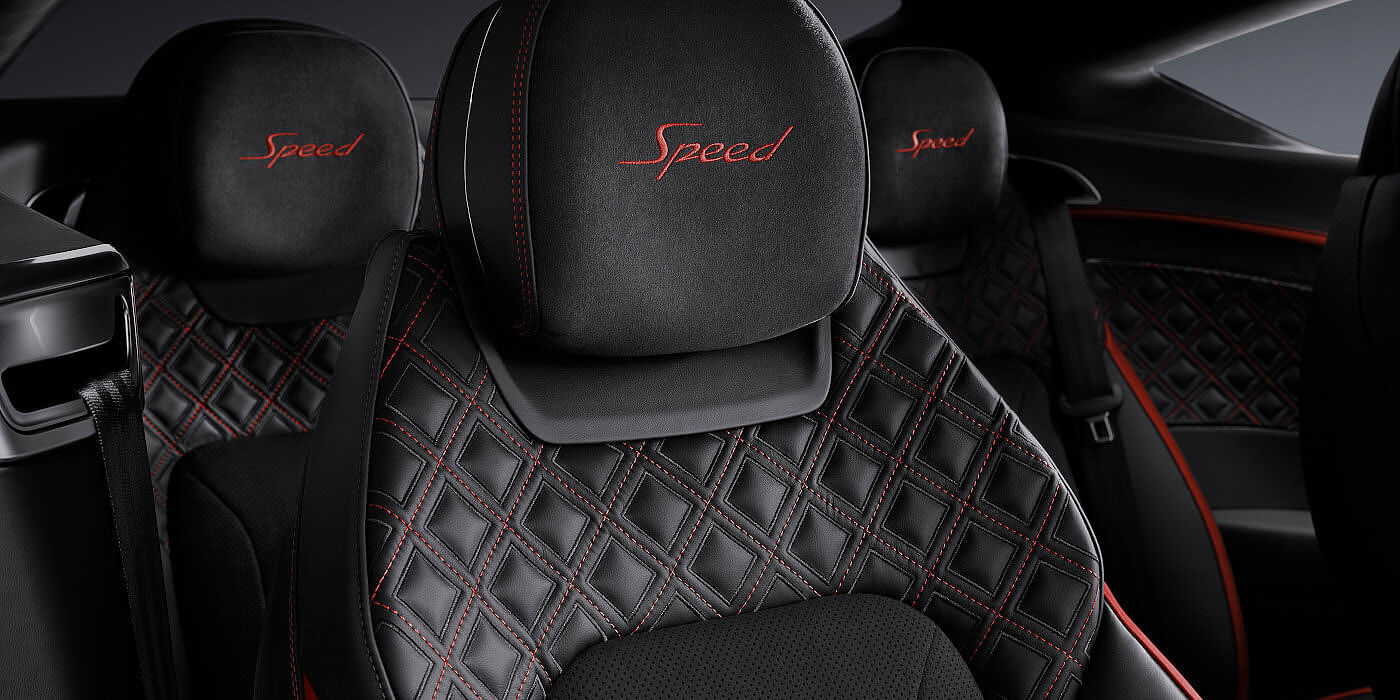 Bentley Athens Bentley Continental GT Speed coupe seat close up in Beluga black and Hotspur red hide