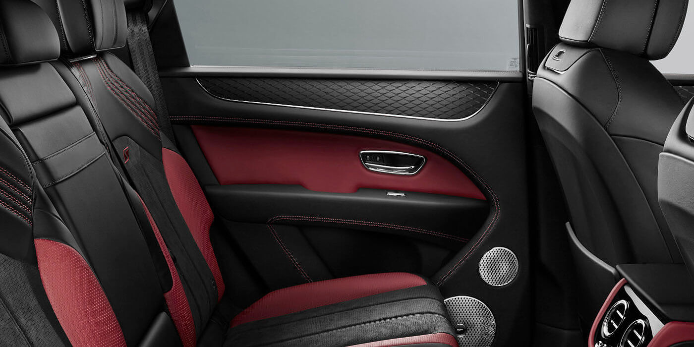 Bentley Athens Bentley Bentayga S SUV rear interior in Beluga black and Hotspur red hide