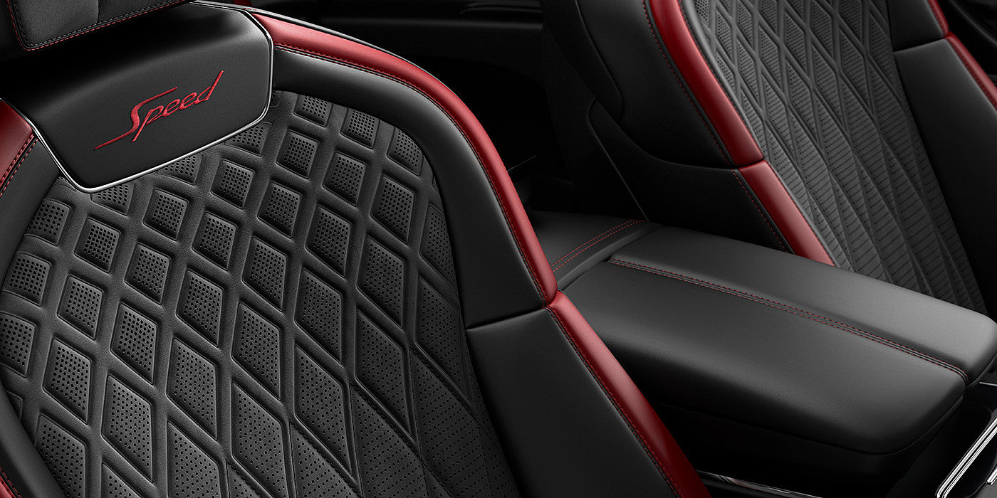 Bentley Athens Bentley Flying Spur Speed sedan seat stitching detail in Beluga black and Cricket Ball red hide