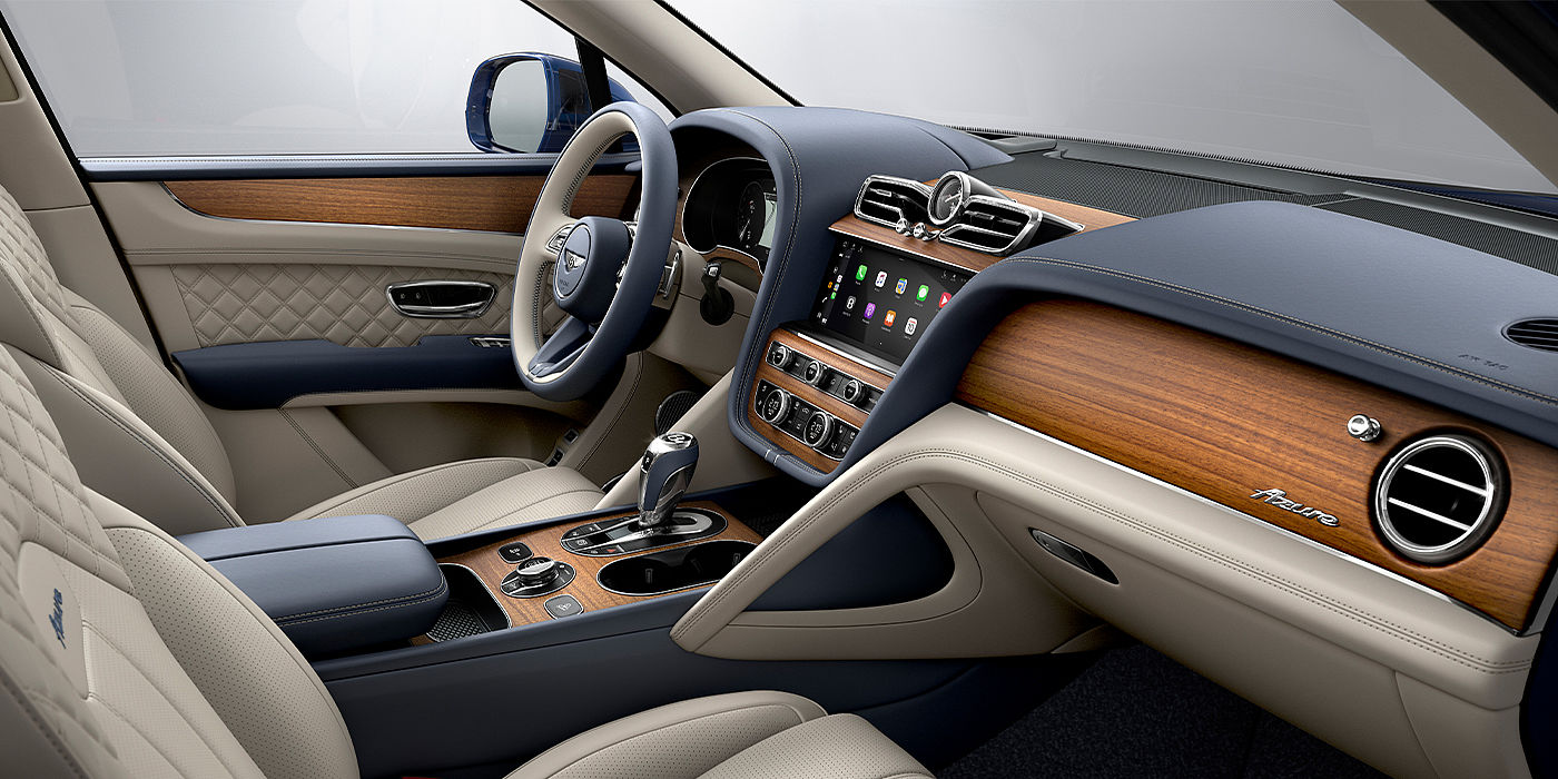 Bentley Athens Bentley Bentayga Azure SUV front interior in Imperial Blue and Linen hide