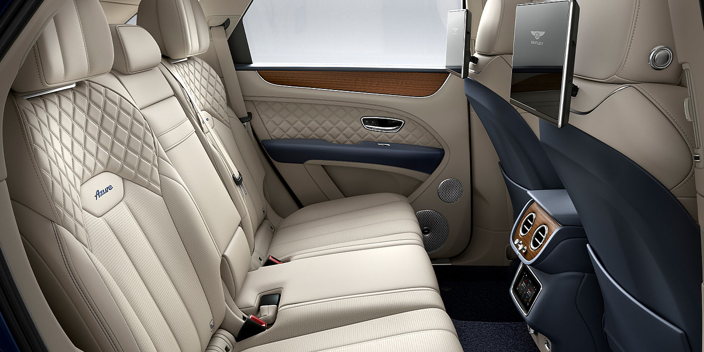 Bentley Athens Bentley Bentayga Azure SUV rear interior in Imperial Blue and Linen hide