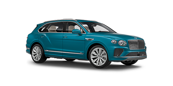 Bentley Athens Bentley Bentayga EWB Azure front side angled view in Topaz blue coloured exterior. 