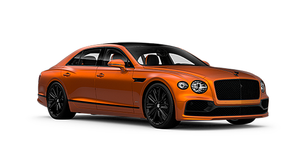 Bentley Athens Bentley Flying Spur Speed front side angled view in Orange Flame coloured exterior. 
