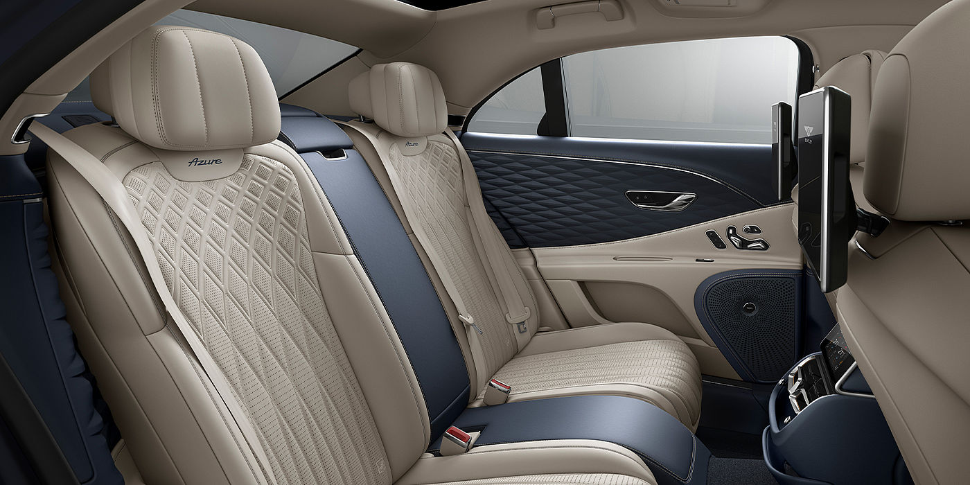 Bentley Athens Bentley Flying Spur Azure sedan rear interior in Imperial Blue and Linen hide