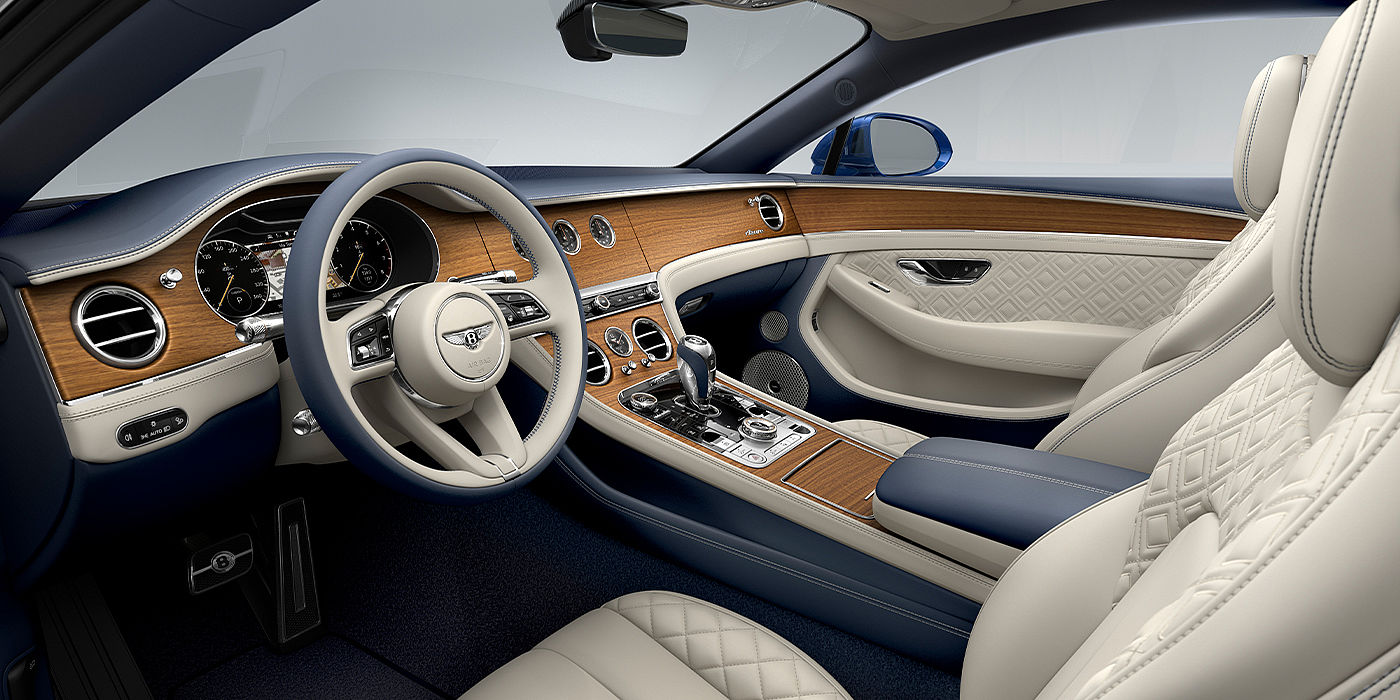 Bentley Athens Bentley Continental GT Azure coupe front interior in Imperial Blue and linen hide