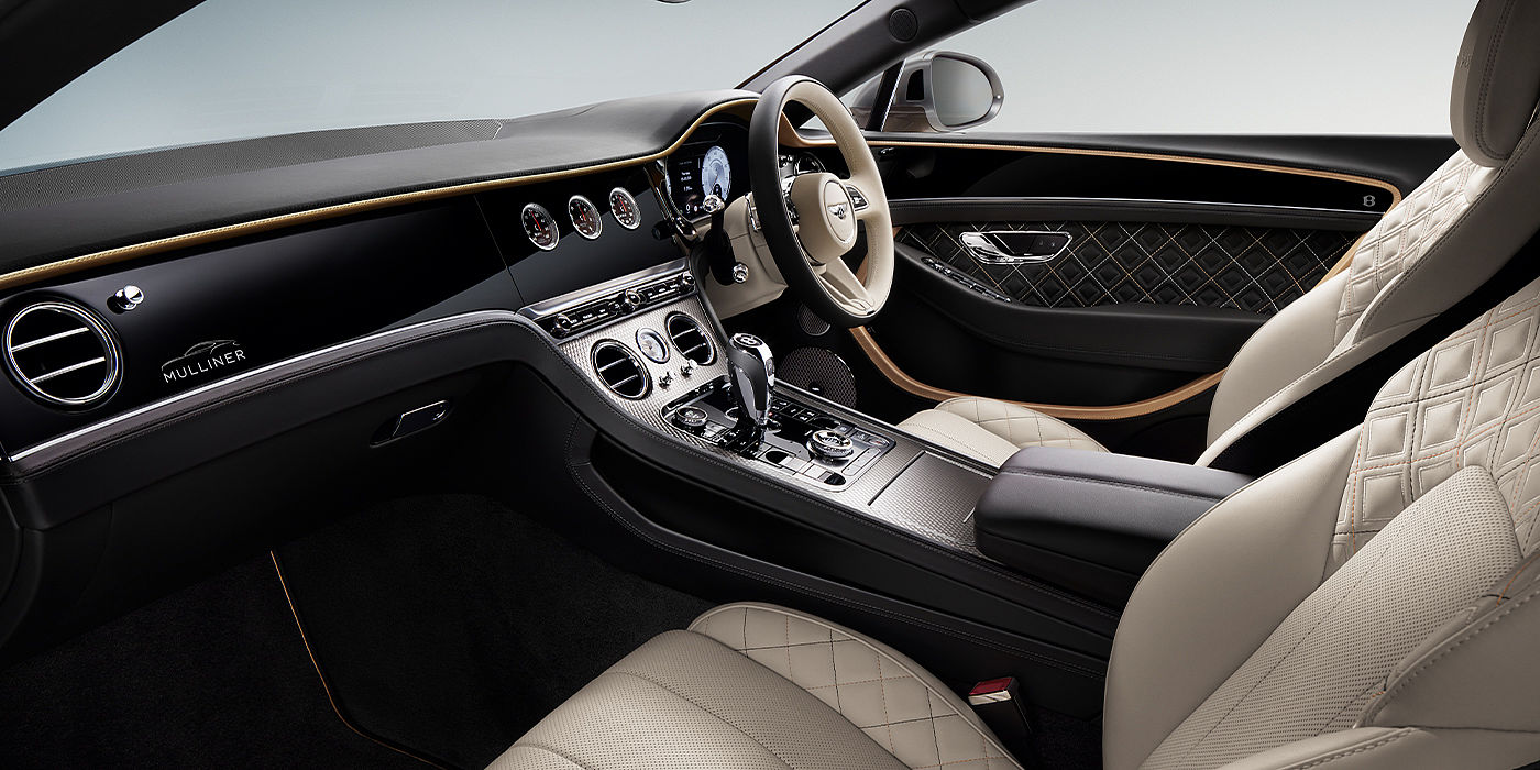 Bentley Athens Bentley Continental GT Mulliner coupe front interior in Beluga black and Linen hide