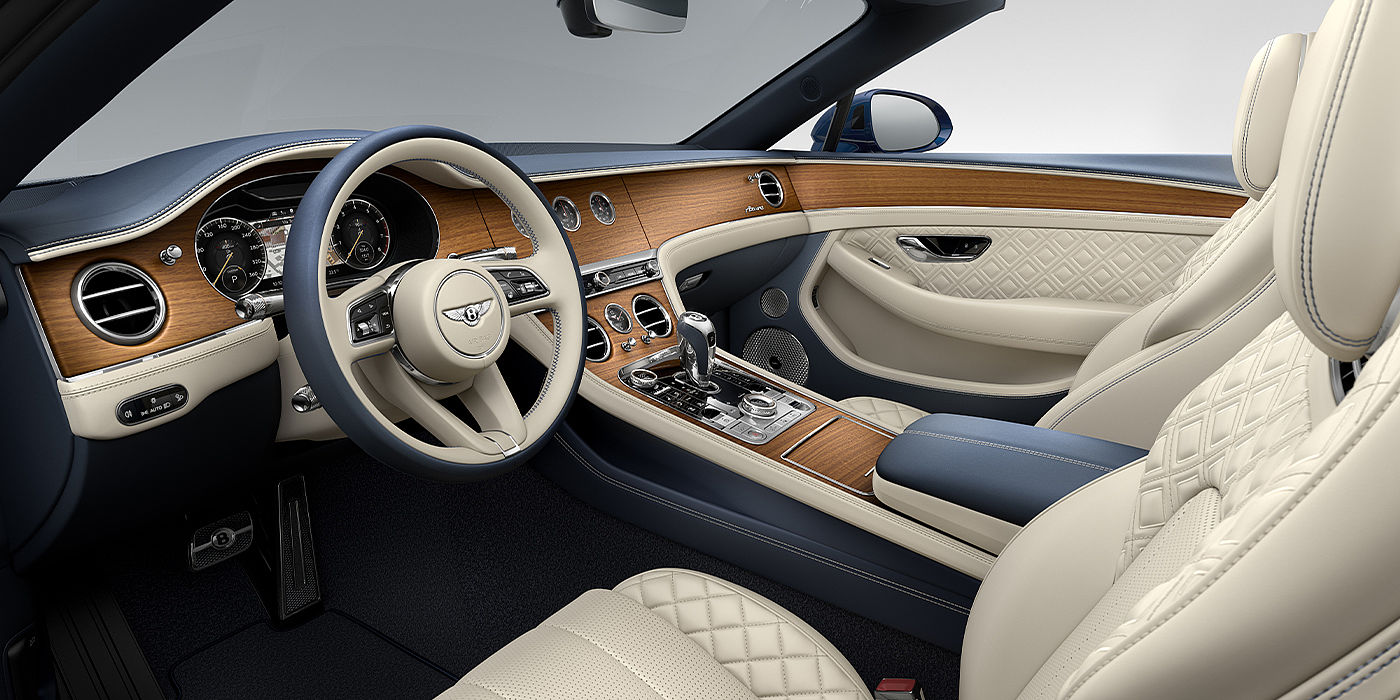 Bentley Athens Bentley Continental GTC Azure convertible front interior in Imperial Blue and Linen hide