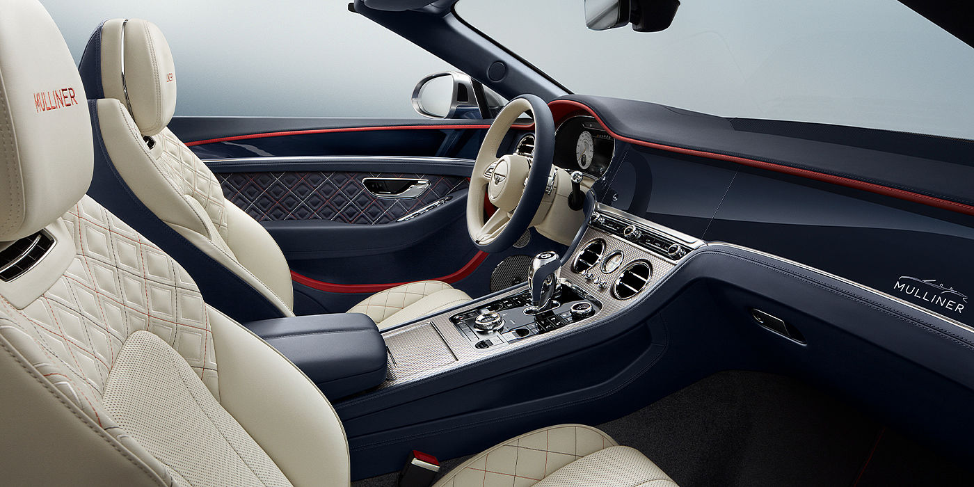 Bentley Athens Bentley Continental GTC Mulliner convertible front interior in Imperial Blue and Linen hide